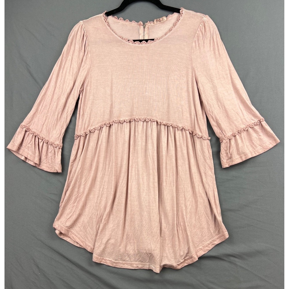 POL Babydoll Tunic Top Womens Small Pink 3/4 Bell Sleeve Crochet Trim Good